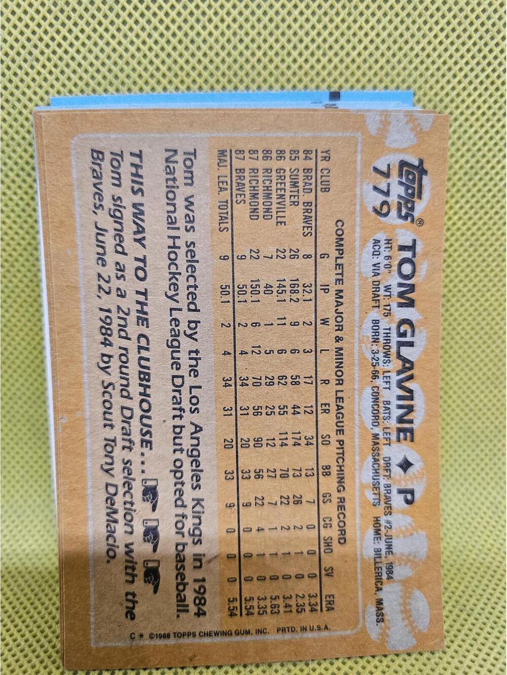 Tom Glavine (RC) Rookie Card - HOF - 1988 Topps #779 - Braves - RAW Mint - Picture 2 of 2